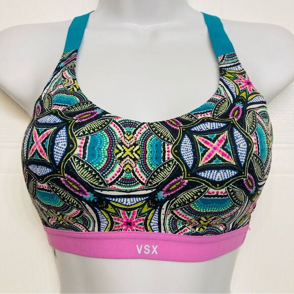 Victoria’s Secret VSX Sport Bra Teal Pink Geometric Print Crossback Size‎ 32B - Picture 1 of 8